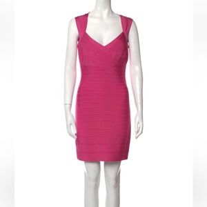Herve Leger Pink Bandage Stretch V Neck Mini Cocktail Dress size L